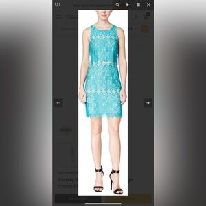 Kensie Blue Tan Sheath Dress Sleeveless Crew Neck
